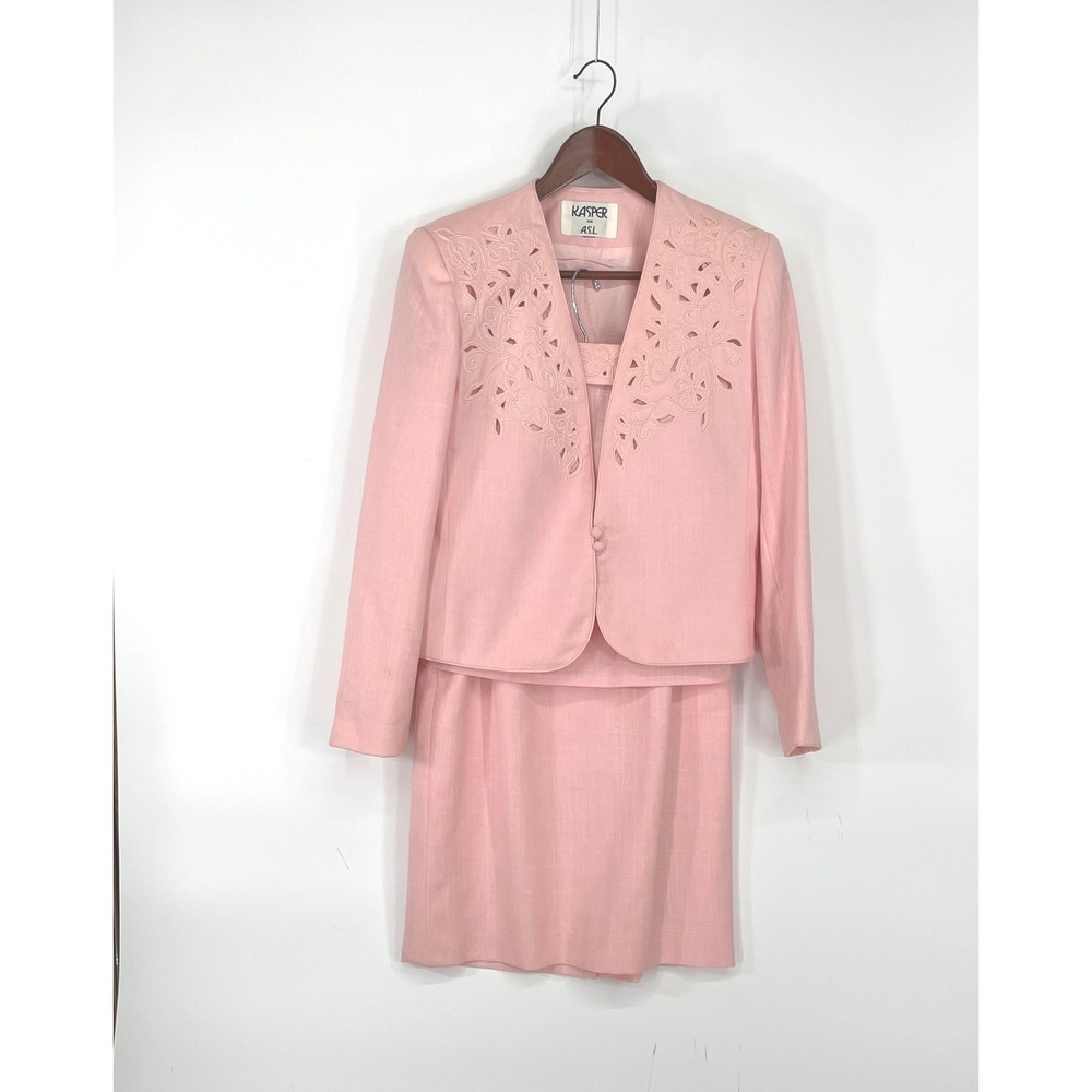 Kasper for ASL Women Skirt Suit Set 8 3-Piece Pink Embroidered Linen Blend